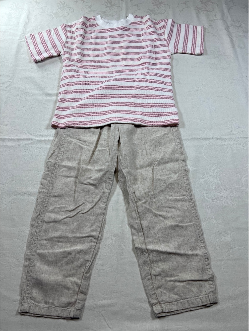 H&M Boys Outfit Linen Blend Tan Pants White Shirt Red Striped Size 5T